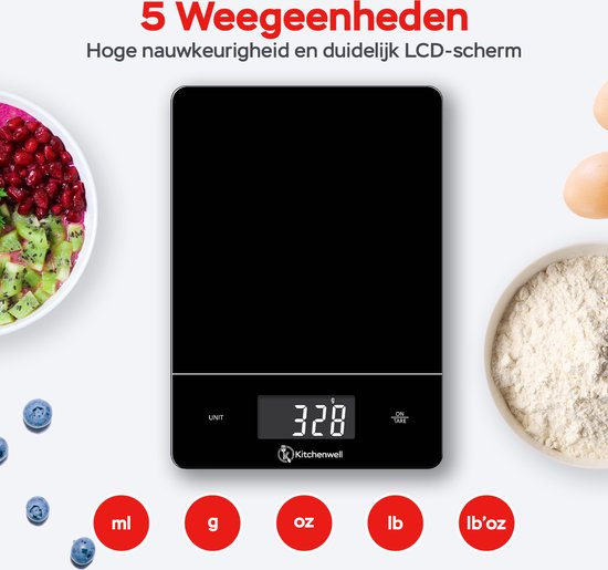Kitchenwell Balance de cuisine numérique de précision - Balance de cuisine - 1gr - 15kg - Fonction tare - Rechargeable par USB - Noir