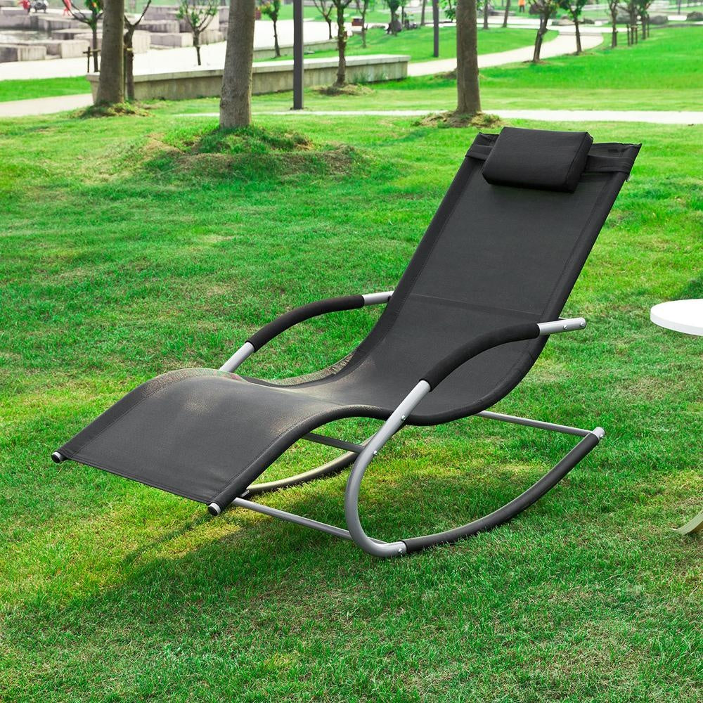 Chaise longue à bascule SoBuy - Avec coussin - Cadre métal - Résistante aux intempéries -  Capacité 120 kg - Max. 150 kg - Noir