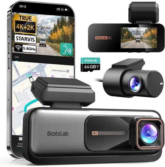 Botslab G980H Pro 2CH 4K Wi-Fi GPS 2CH 64 Go - Caméra embarquée avec caméra avant 4K et caméra arrière 2K - Écran LCD 2,45 pouces - Wi-Fi et GPS - Mode stationnement - Carte Micro SD de 64 Go - caméra embarquée pour voiture