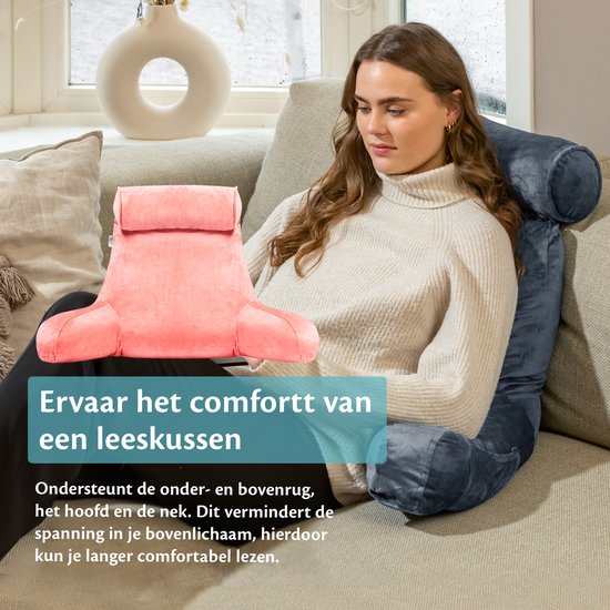 Coussin de lecture Ella XL - Coussin de relaxation en mousse à mémoire de forme pour le lit - Coussin d'assise avec soutien de la nuque et du bas du dos - Bookseat - Velours rose corail