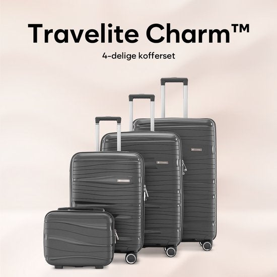 SKYCASES Travelin' Charm 4-Piece Trolley Set - Hand Luggage & Check-in Suitcases - 32L/60L/98L - Number Lock - 360° Noiseless Wheels - Lightweight & Sturdy - Modern Design - Anthracite V2