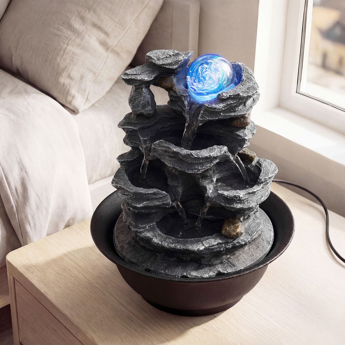 Fontaine de table Coast - Cascade effet rocher - Éclairage LED - Noir - 21,5 x 26 cm