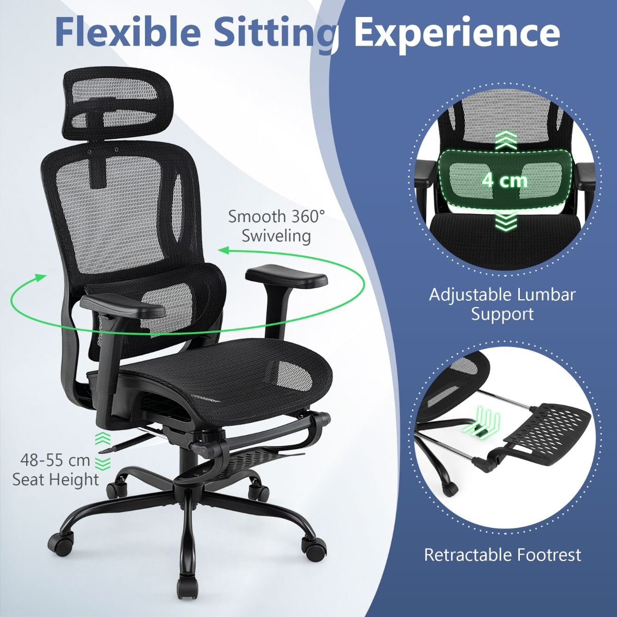 Chaise de bureau ergonomique Coast - soutien lombaire et appui-tête réglables - repose-pieds extensible - noir