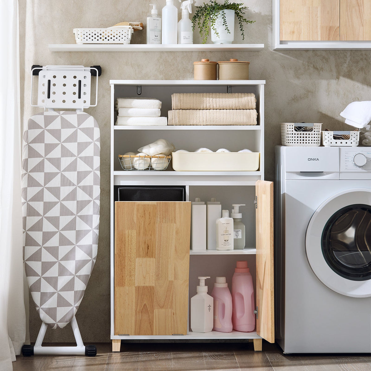 SoBuy BZR143-WN Meuble de salle de bains avec lavabo amovible, 3 plateaux de rangement et panier à linge - Blanc, 64x33x110 cm