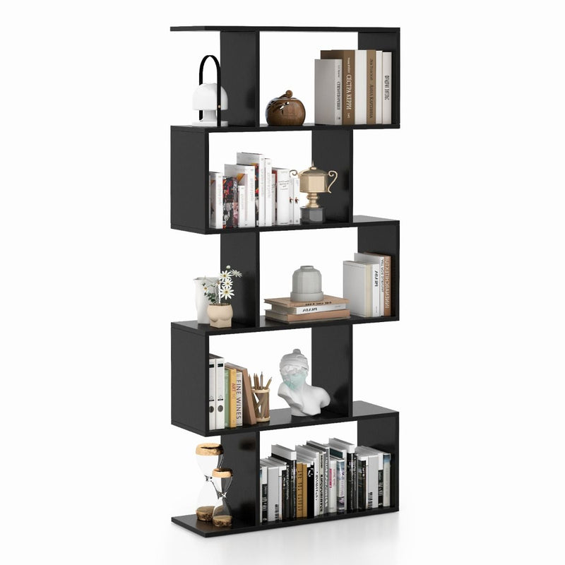 Bibliothèque Coast en forme de S - 5 étagères - meuble de rangement anti-basculement - noir - 70 x 23,5 x 158 cm