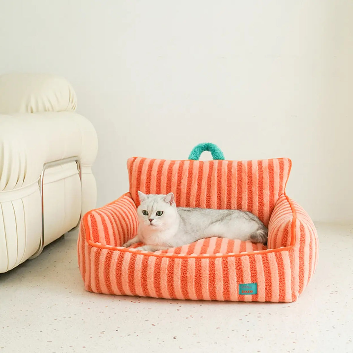 Lit pour animaux de compagnie en peluche rayé ZEZE - Orange basique - 68 x 53 x 37 cm