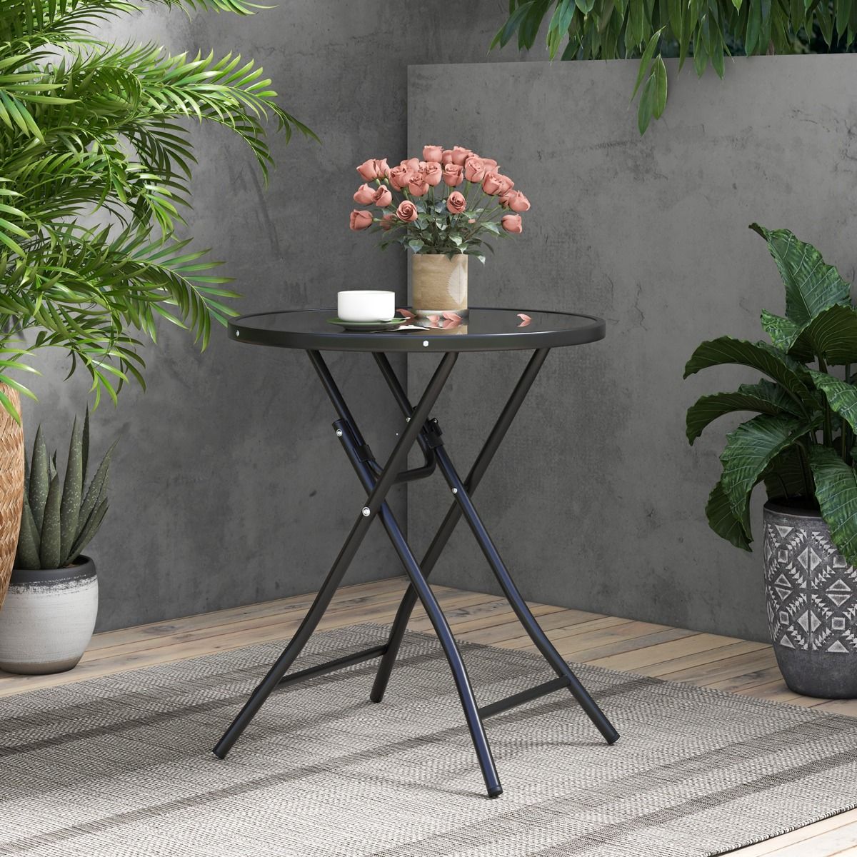 Coast Round Foldable Bistro Table 59x67 cm Black - Table de terrasse et de cocktail en verre trempé et structure métallique