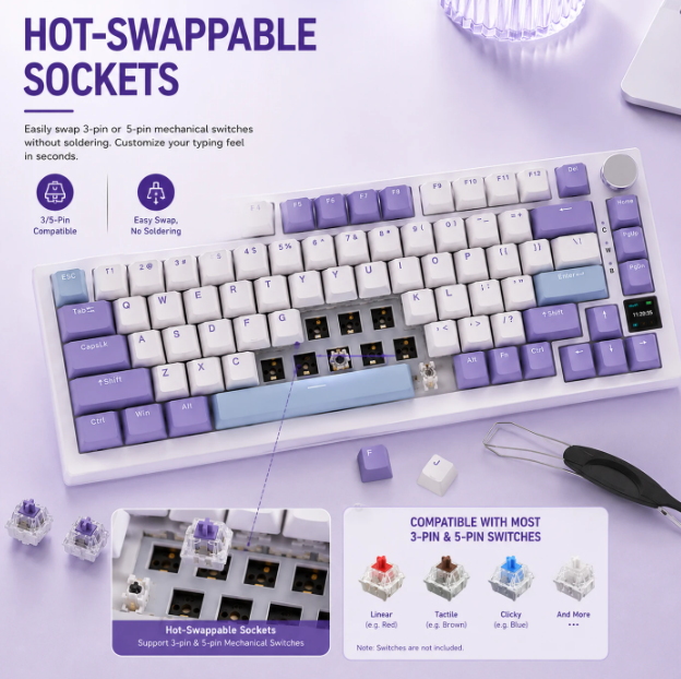 Clavier mécanique AJAZZ AK820 Pro - 75 % - QWERTY US - Tri-mode - Écran TFT - RGB - Gris - Commutateurs Sea Salt Purple