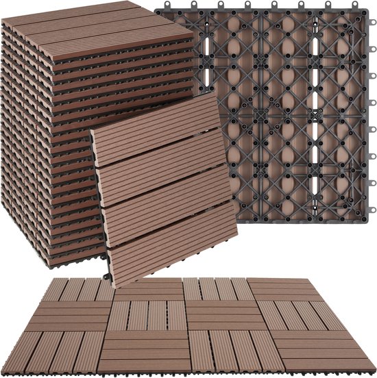 tectake® WPC wood tiles - Dalles aspect bois - Résistant aux intempéries - Sol extérieur - Dalles de sol - Sol de balcon - Dalles de terrasse avec système click - Drain - Lot de 22 - Marron