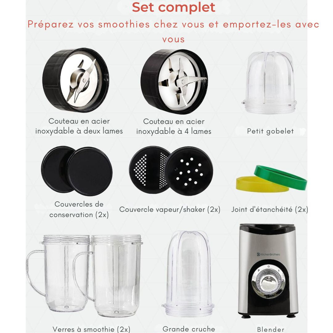 Mixeur Smoothie - KitchenBrothers - 13 Pièces - 4  Gobelets - 350W - acier inoxydable