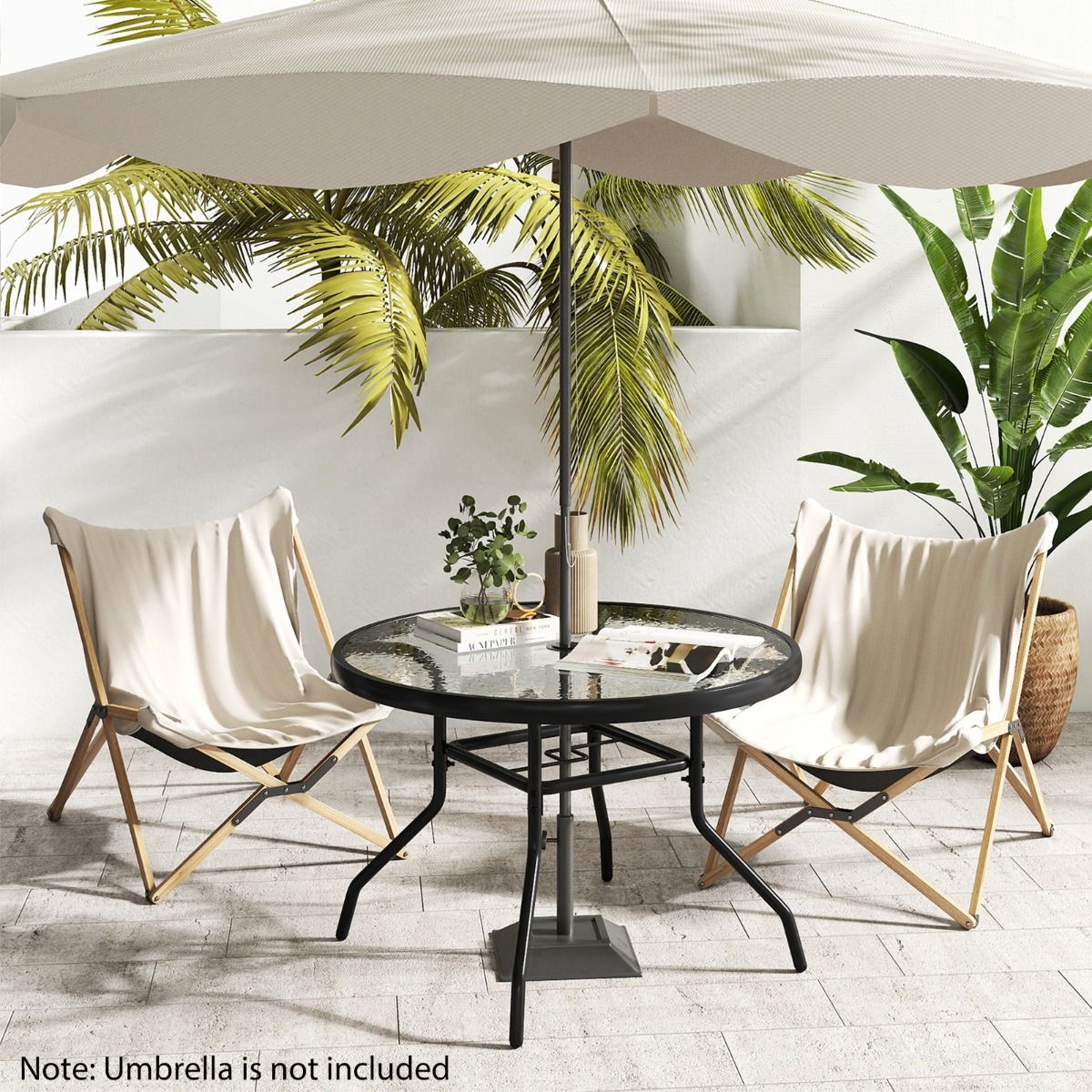 Table d'appoint ronde Coast pour l'extérieur - Plateau en verre trempé - Trou pour parasol de 4,2 cm - Noir 70 x 70 x 45,5 cm
