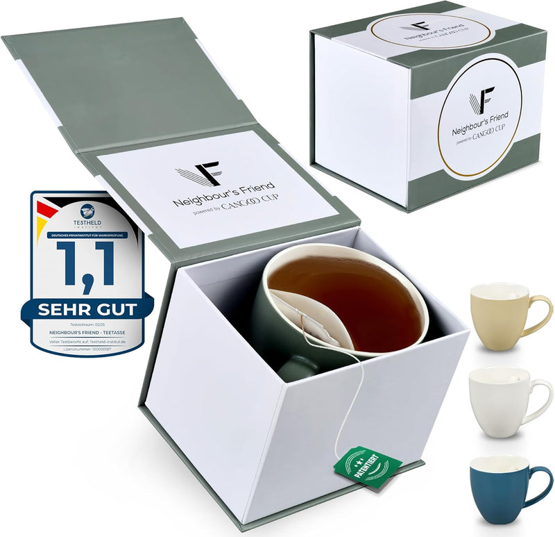 Neighbour's Friend Tasse à thé brevetée grise Boîte cadeau I Tasse en céramique grande 325ml I Tasse à thé en faïence I Tasse en céramique pour le thé I Tasses à thé lavables au lave-vaisselle I Design moderne pour les buveurs de thé