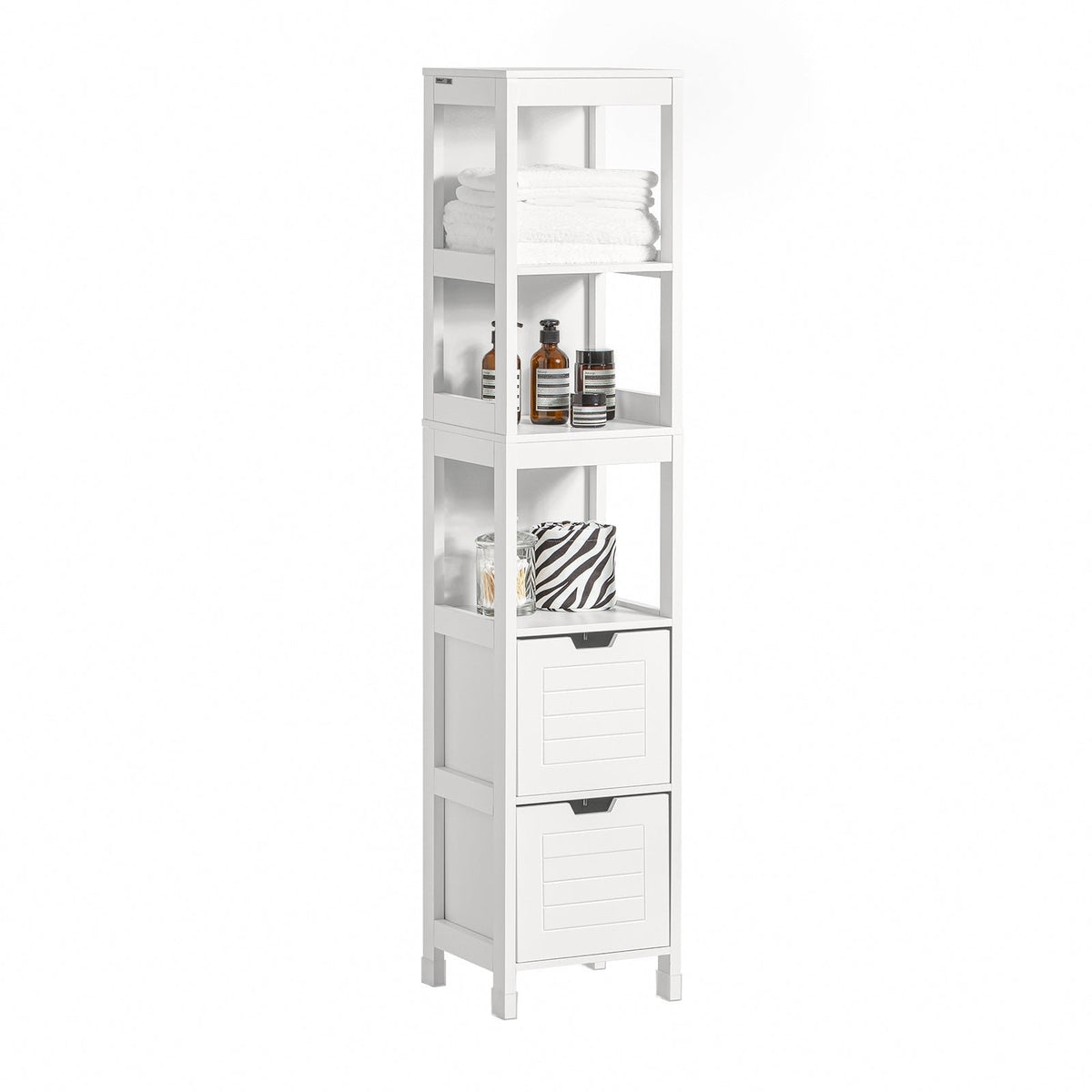 SoBuy Meuble de salle de bain haut avec repose-pieds - 2 tiroirs - acier - 30x30x144cm