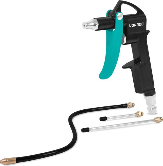VONROC PRO Pistolet à air - Soufflette - 3 buses supplémentaires incluses - Convient aux compresseurs et à l'air comprimé - 10 bar - Raccord universel EURO/DIN 7.2mm