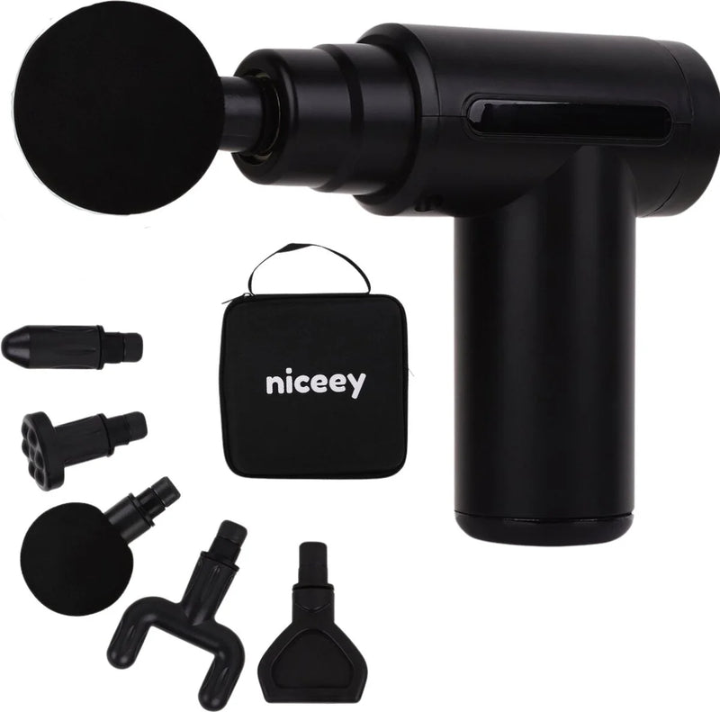 Niceey Massage Gun Mini - Puissant - Sans fil - 5 accessoires - Appareil de massage - Pistolet de massage - Appareil de massage sportif et relaxant - Avec étui - Noir