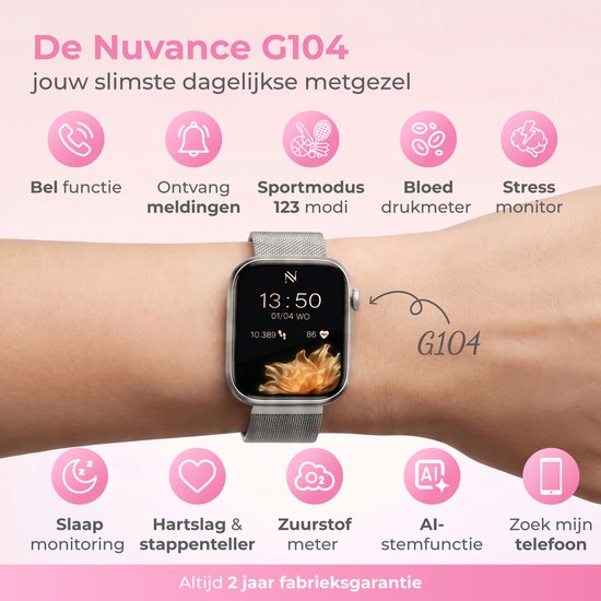 Montre connectée Nuvance pour femme - Montre connectée pour homme - Montre podomètre pour femme - Cardiofréquencemètre - Montre de sport - Compatible iOS/Android - Écran AMOLED - 5 bracelets inclus - Argent