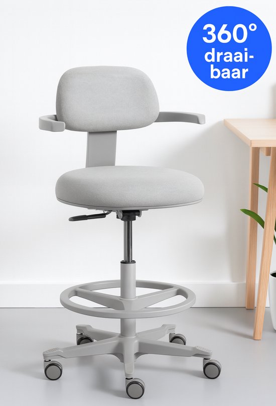 Tabouret de travail ergonomique Backerz avec repose-pieds annulaire - Chaises de bureau pour adultes - Entièrement réglable, jusqu'à 120 kg - Chaise de bureau - Chaise de gaming - Blanc