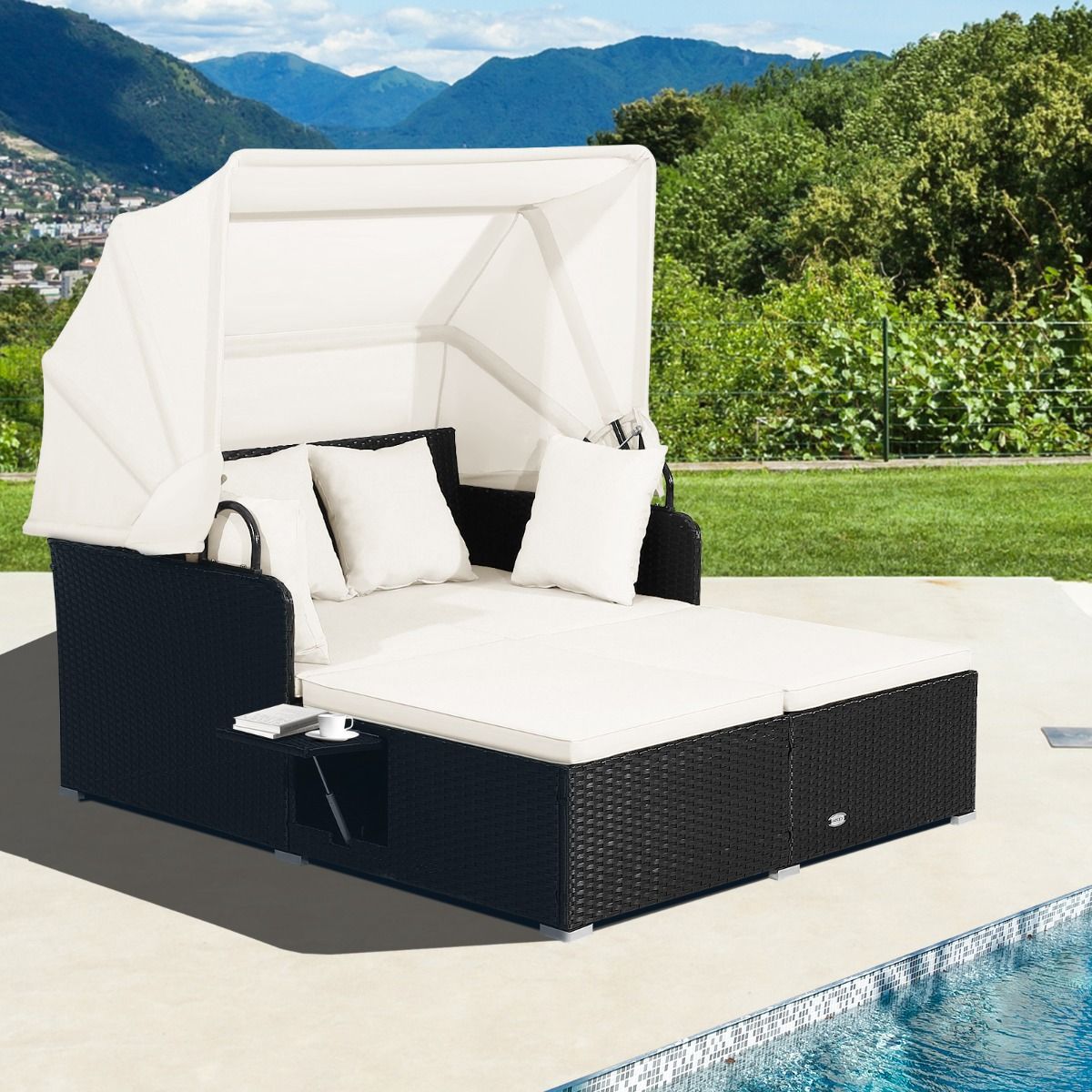 Transat Coast Rotan pour 2 personnes - Avec auvent et tables latérales rabattables - Noir 165 x 153 x 138 cm