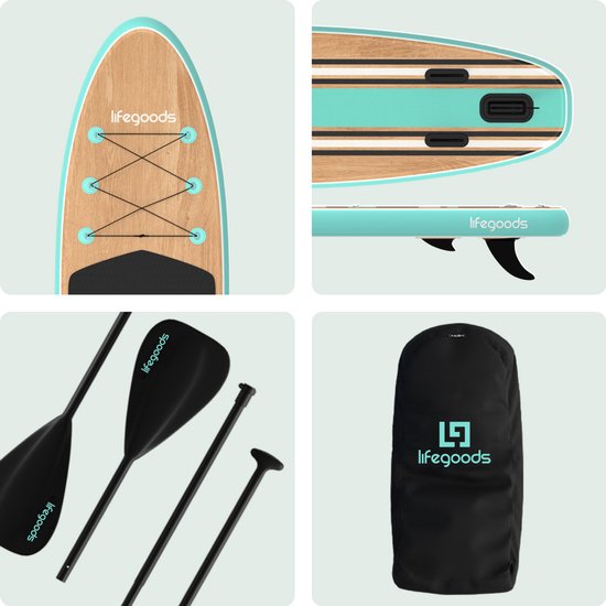 LifeGoods PaddlePro SUP Board - Planche à pagaie gonflable - Ensemble complet - Max. 150KG - 320x81cm - Bois/Vert Menthe