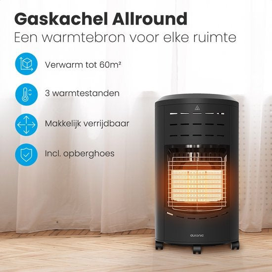 Réchaud à gaz mobile Auronic - avec roues - jusqu'à 60 m² - avec détendeur et tuyau de gaz - avec housse de rangement - noir