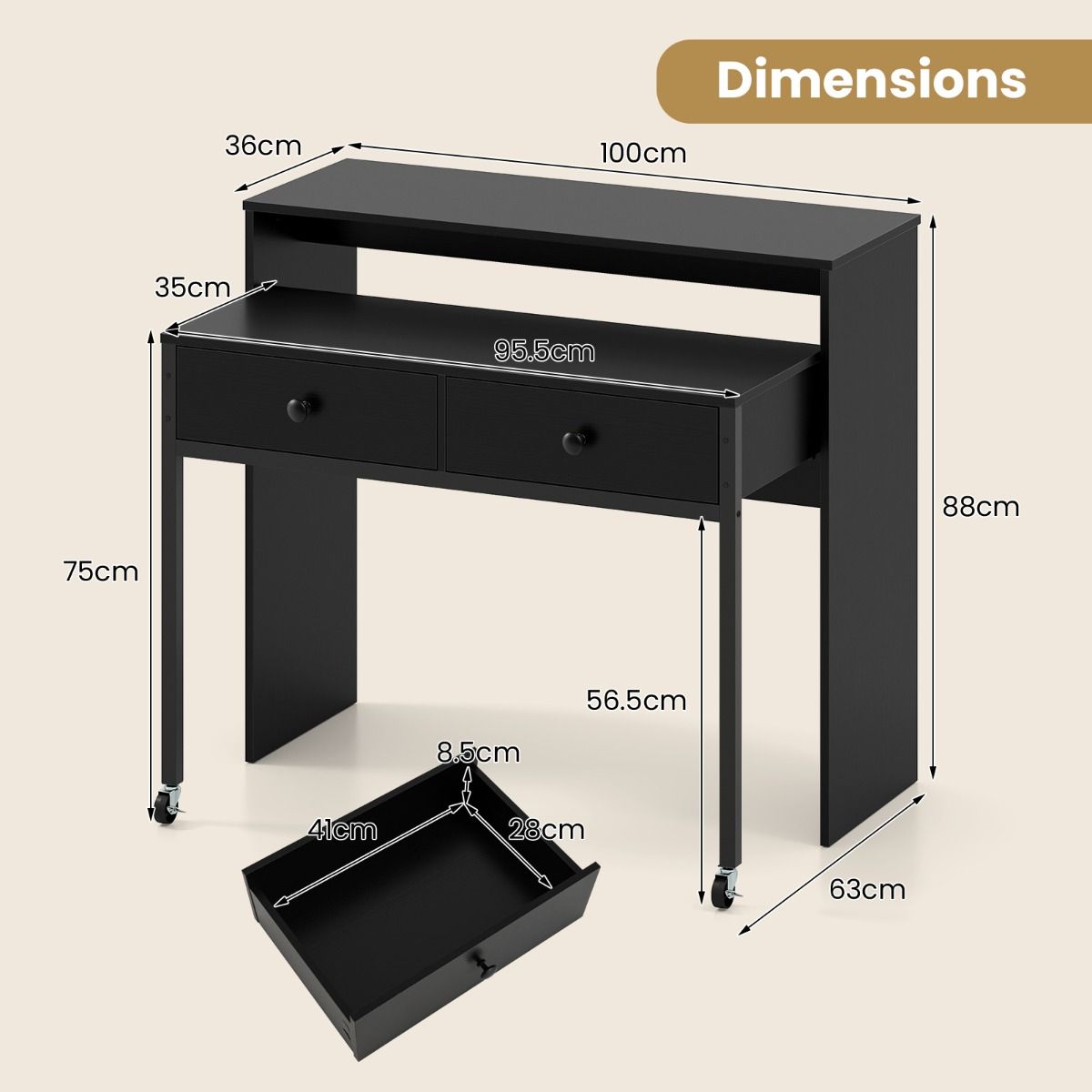 Bureau extensible Coast - avec 2 tiroirs - roulettes verrouillables - noir - 100 x 63 x 88 cm