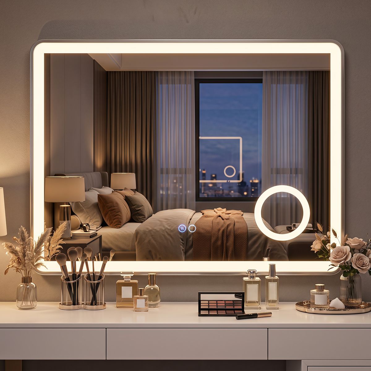 Miroir de salle de bains Coast à LED - miroir grossissant 3x intégré - éclairage à intensité variable - 80 x 60 cm - argent