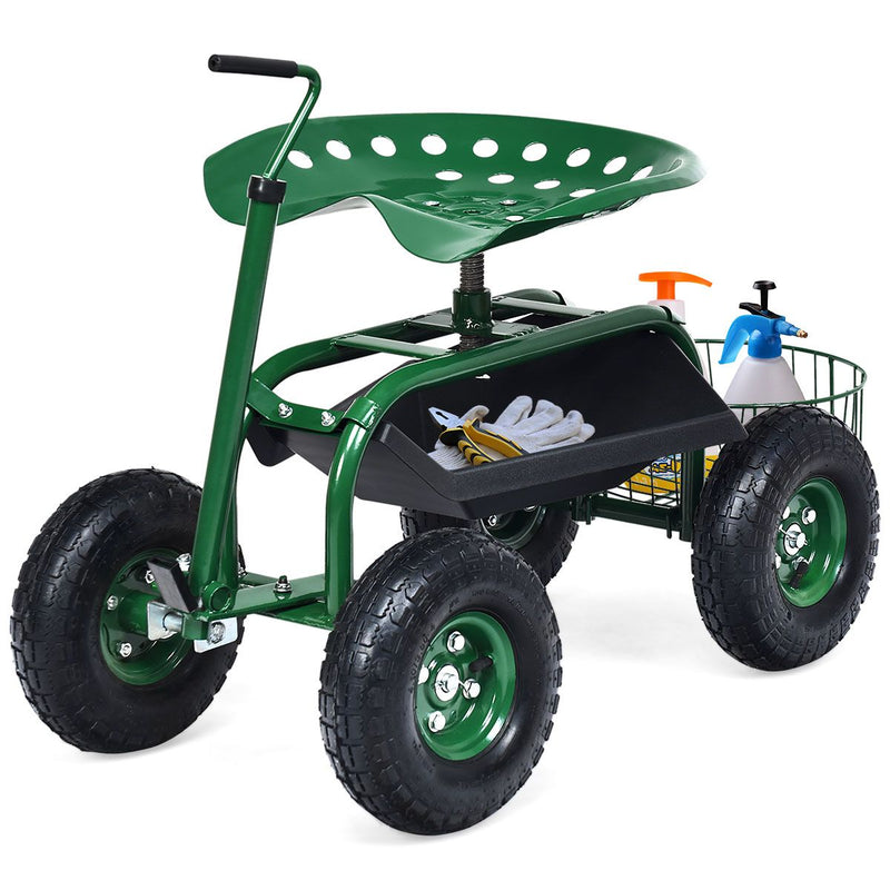 Chariot de jardin Coast avec panier de rangement - poignée réglable en hauteur - assise ergonomique - vert