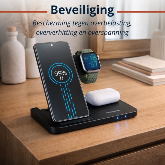 Chargeur sans fil 3-en-1 Grundig – Station de recharge rapide pour smartphone, montre connectée et écouteurs – Chargeur sans fil pour iPhone et Samsung – Chargeur sans fil – Design pliable