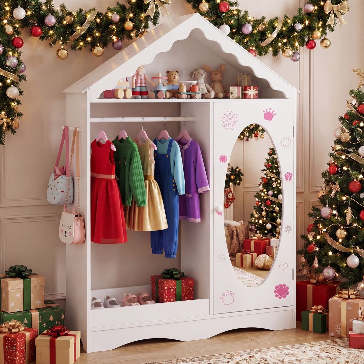 Armoire pour enfants Coast avec miroir - design en forme de toit - tringle à vêtements ouverte et étagères - blanche