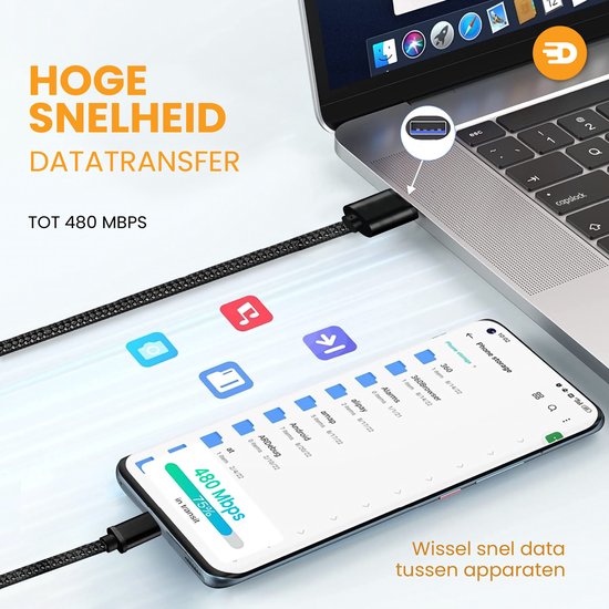 Drivv. Câble USB vers USB C - Chargeur rapide - Câble de données et de charge USB C - 2 mètres - Convient à Samsung, iPhone 15 et autres - Noir