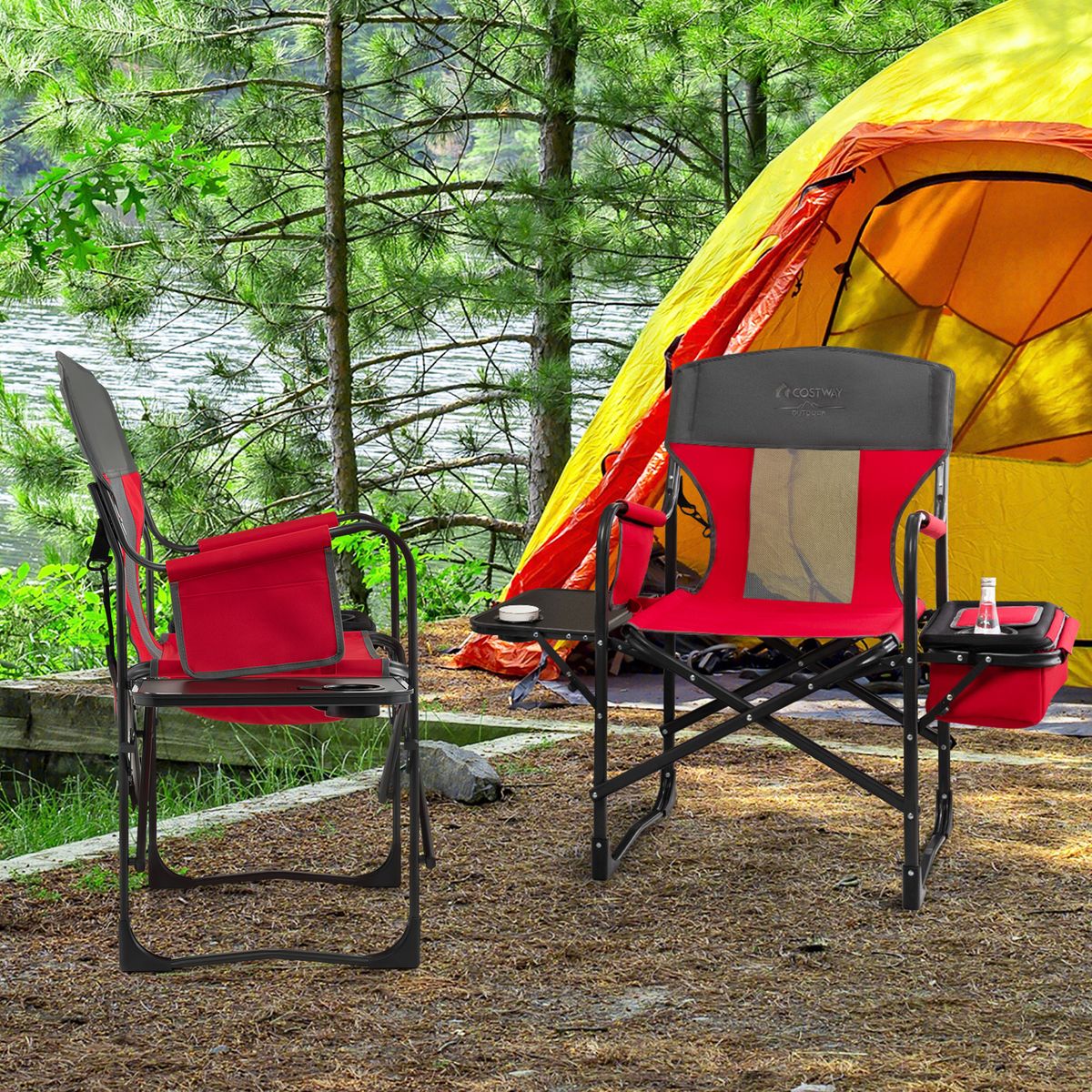 Chaise de camping Coast - avec table d'appoint et glacière - pliable - rouge