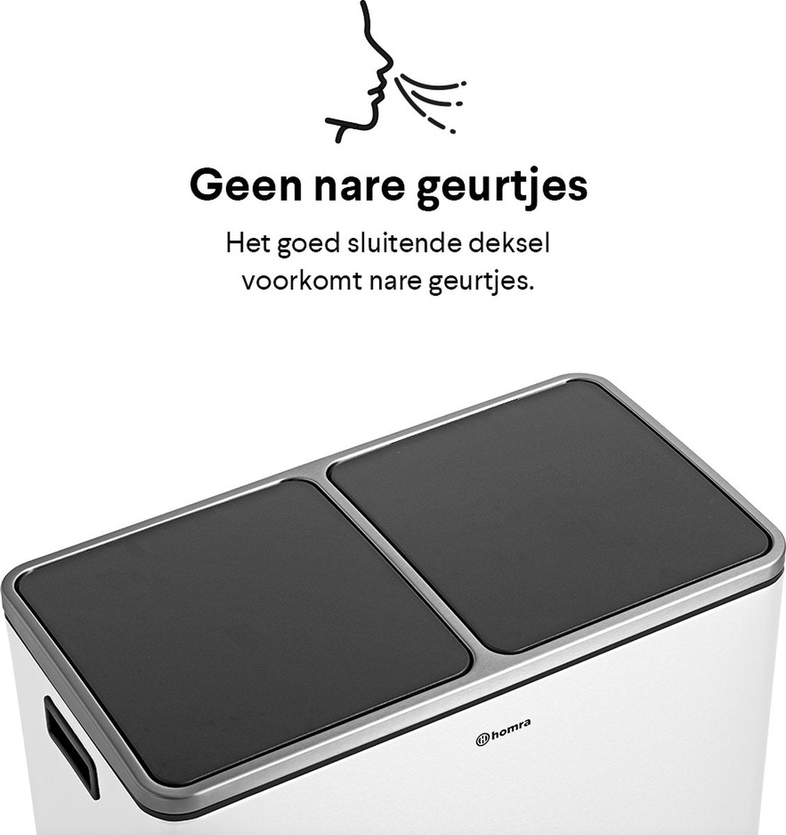Homra QUICKX Poubelle de tri sélectif 2 compartiments Blanc - 60 L (2x30 L) Poubelle à pédale - Poubelle design Duo en acier inoxydable - Séparation des déchets - Poubelle de recyclage - Pédale hygiénique - Poubelle double - Poubelle de cuisine - Poubelle