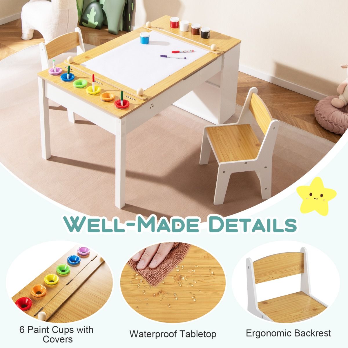 Table d'art et ensemble de chevalets pour enfants Coast - conception multifonctionnelle 2-en-1 - avec 2 chaises - blanc et naturel