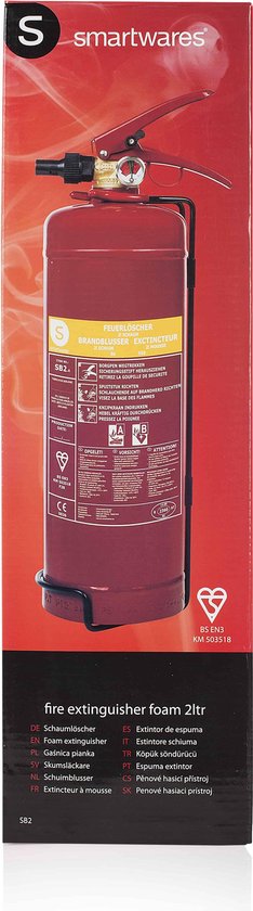 Smartwares 10.014.97 Extincteur - 2 litres - Mousse - Avec support de suspension - Classe de feu AB - Certifié BSI