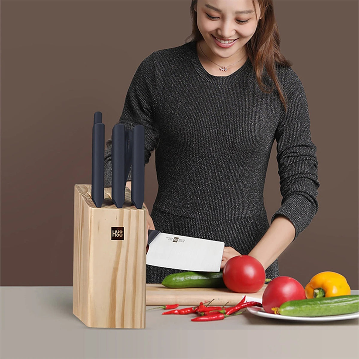 Ensemble de couteaux de cuisine HuoHou avec bloc en bois - 6 pièces - acier inoxydable