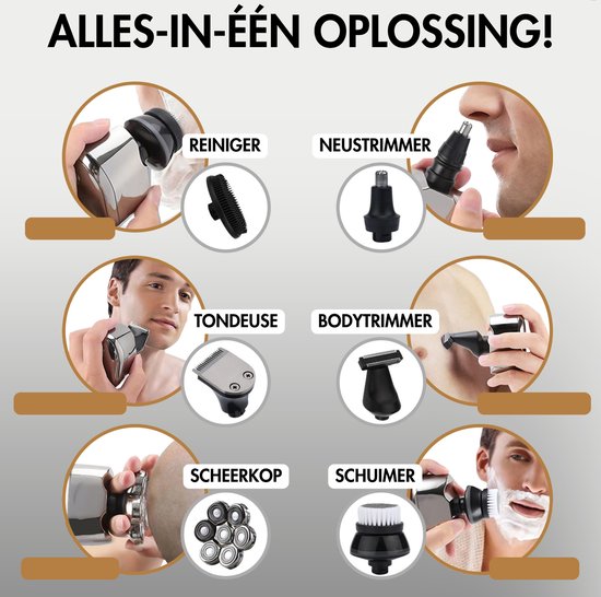 Rasoir 6-en-1 pour homme - Tondeuse - Tondeuse - Sansbeauté® SkullSharp PRO - Rasoir électrique pour visage et tête - Rasoir de crâne - Rasage de tête - humide et sec - Chargement sans fil - Électrique