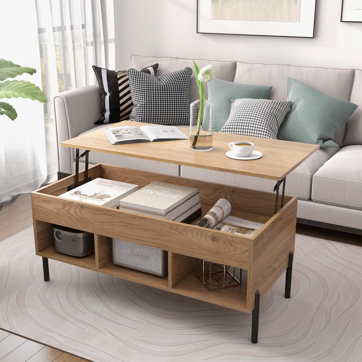 Table basse réglable Coast avec plateau relevable et 3 compartiments ouverts - 104,5 x 49 x 62,5 cm - coloris naturel