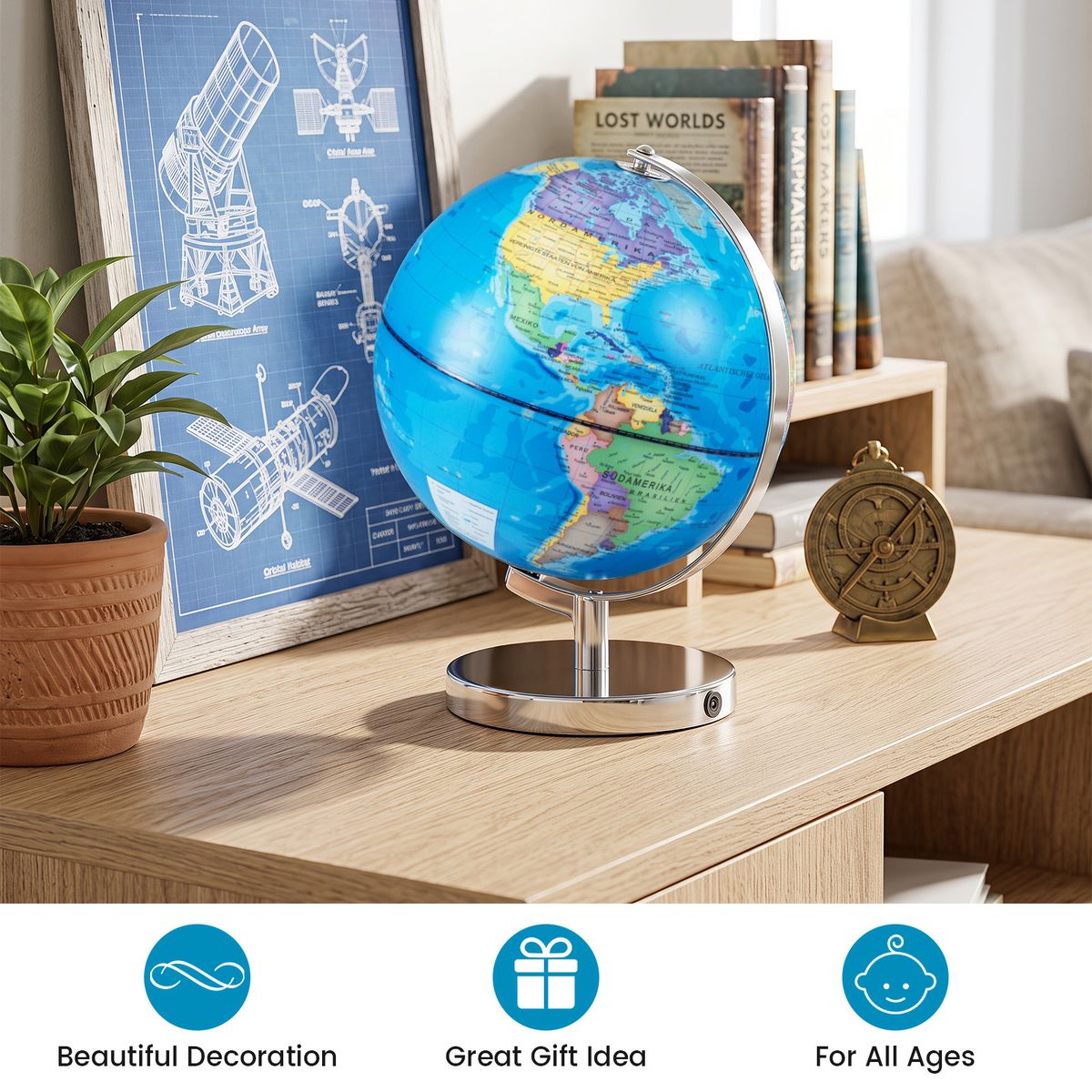 Globe terrestre lumineux Coast - avec les constellations - socle en métal - bleu - 23 cm