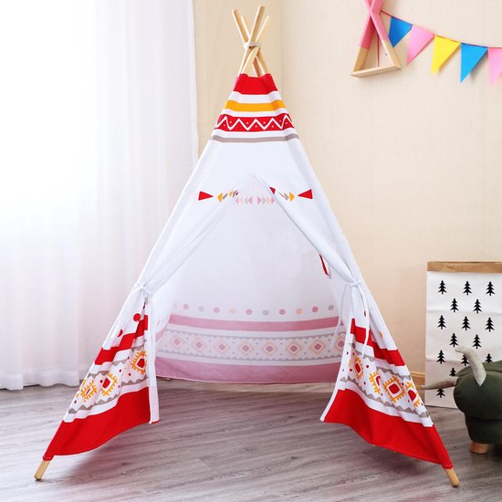 Tente tipi Sunny LED rouge/blanche - 60 LED - piquets en bois certifiés FSC - 120 x 120 x 160 cm
