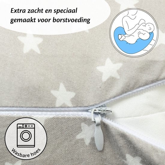 Ella Coussin d'allaitement - Coussin de maternité - Coussin en soie - Gris avec étoiles