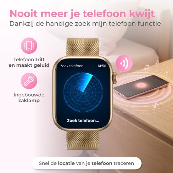 Montre connectée Nuvance pour femme - Montre podomètre pour femme - Cardiofréquencemètre - Montre de sport - Compatible iOS/Android - Écran AMOLED - 5 bracelets inclus - Couleur or