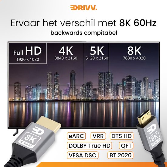 Drivv. Câble Premium Mini HDMI vers HDMI 2.1 - 8K 60Hz / 4K 120Hz Ultra HD - 3 mètres - Gris - Convient aux appareils photo, tablettes et ordinateurs portables