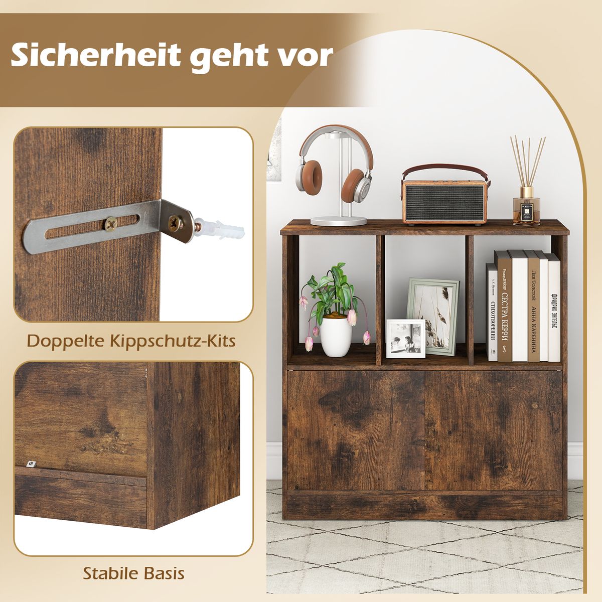 Bibliothèque Coast avec 3 compartiments ouverts et 2 portes - design moderne - marron - 70 x 30 x 70 cm