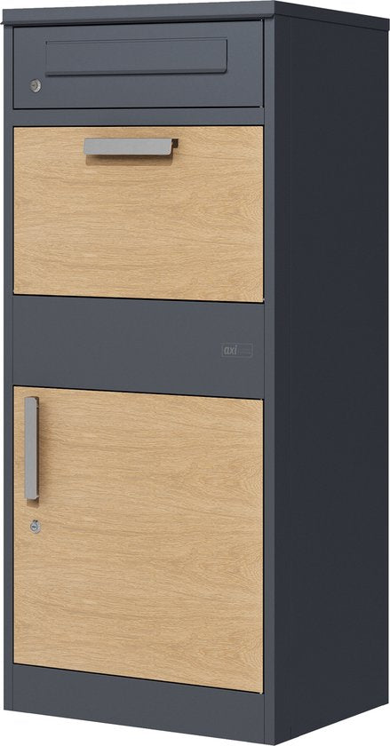 Boîte aux lettres pour colis AXI Levi en métal anthracite/aspect bois – Boîte pouvant contenir plusieurs colis – Avec serrure et compartiment séparé pour le courrier – 50,6 x 38,3 x 112 cm