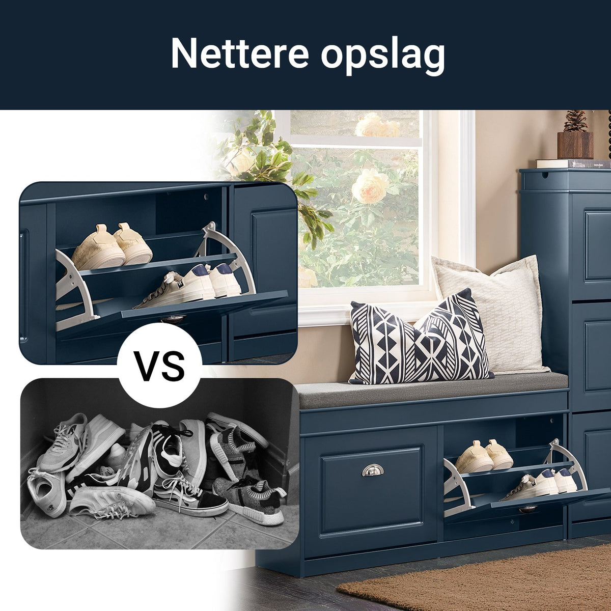 SoBuy Meuble et banc à chaussures couloir - 2 abattants - avec coussin amovible - couloir étroit - bois laqué - L104 x P24 x H51 cm - bleu