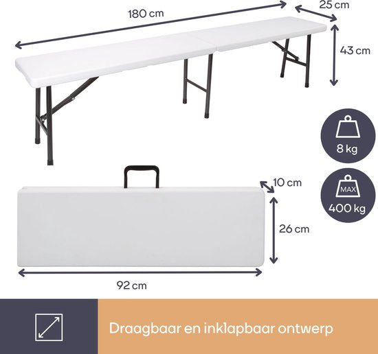 Perel Banc pliant 4 places - Pliable et résistant aux intempéries - Avec poignée - Idéal pour le pique-nique, le camping, le barbecue et l'utilisation intérieure/extérieure - Maximum 400 kg - Blanc
