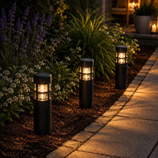 Lampes de jardin / spots à piquer Pro Garden Solar - lot de 3 - lumière blanche chaude - 7 x 28 cm - éclairage de jardin - lampes de jardin - noir - plastique