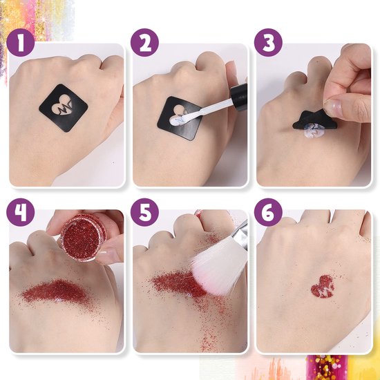 Partizzle Set complet de tatouages pailletés - Filles / Garçons - Gabarits de maquillage, colle et pinceaux - Kit d'artisanat pour faux tatouages au néon - Cadeau de carnaval pour les enfants - 24 couleurs / Biodégradable