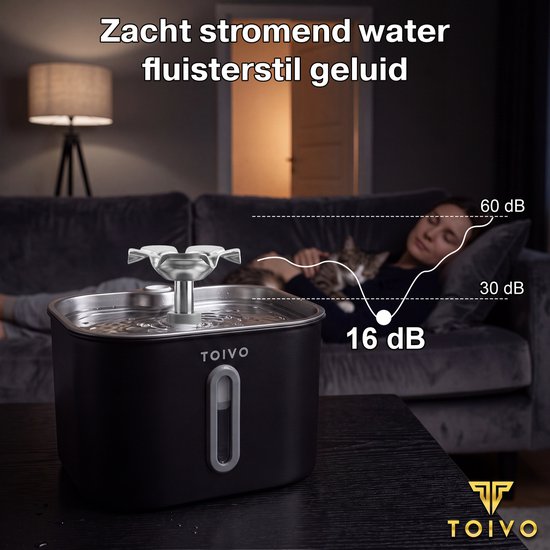Toivo Fontaine à eau pour chat - 2,2 L - Acier inoxydable - Fontaine à eau avec fenêtre, 4 filtres inclus - Distributeur d'eau - Silencieuse - Fontaine pour chat - Abreuvoir - Bol à eau - Noir