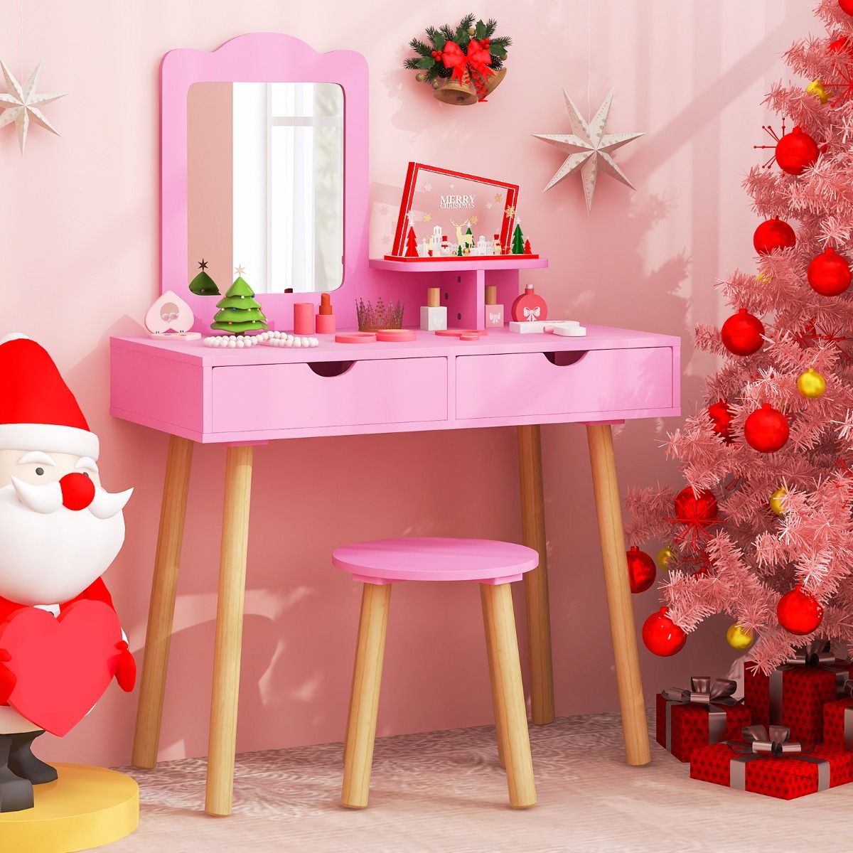 Coast Coiffeuse pour enfants - 2-en-1 avec miroir amovible - deux tiroirs et un tabouret en bois - rose